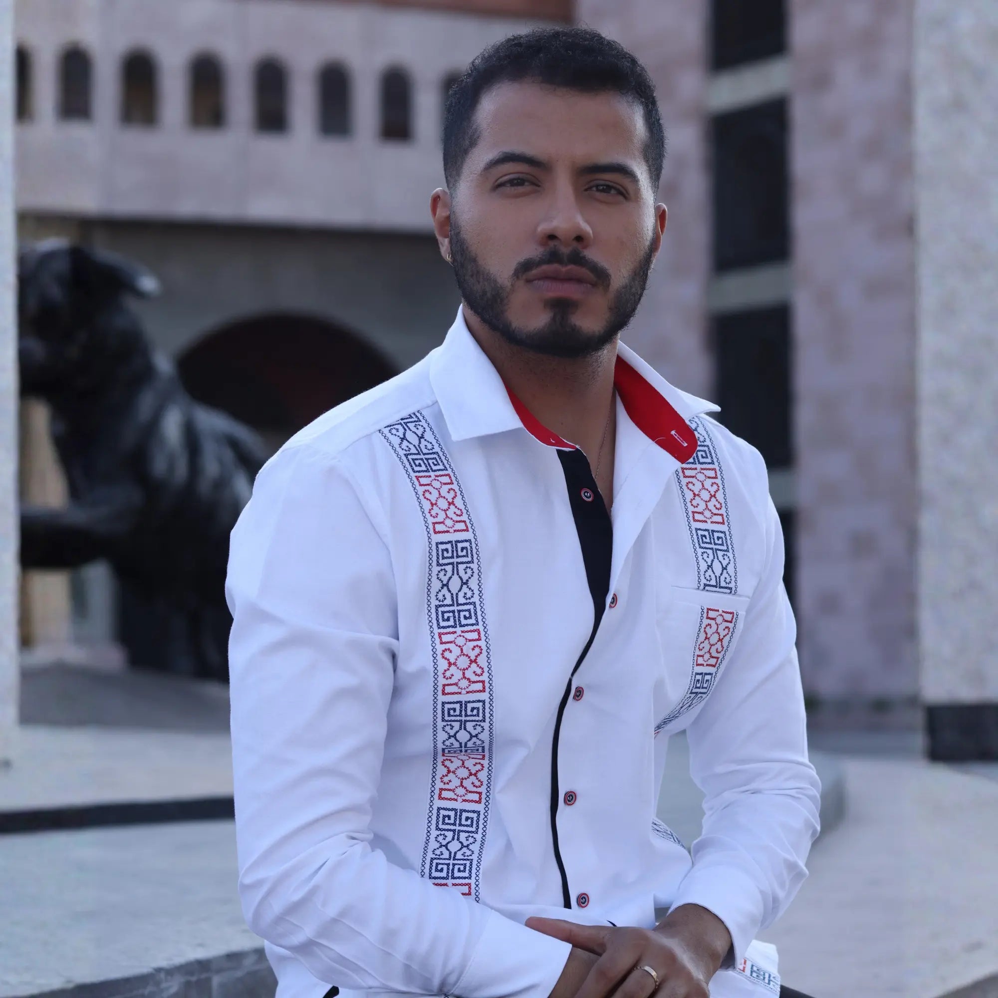 TMY White Long Sleeve Embroidered Guayabera Shirt