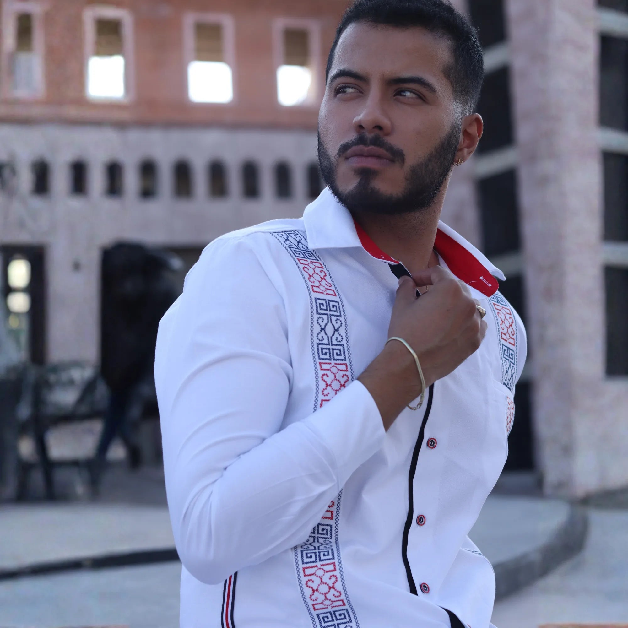 TMY White Long Sleeve Embroidered Guayabera Shirt