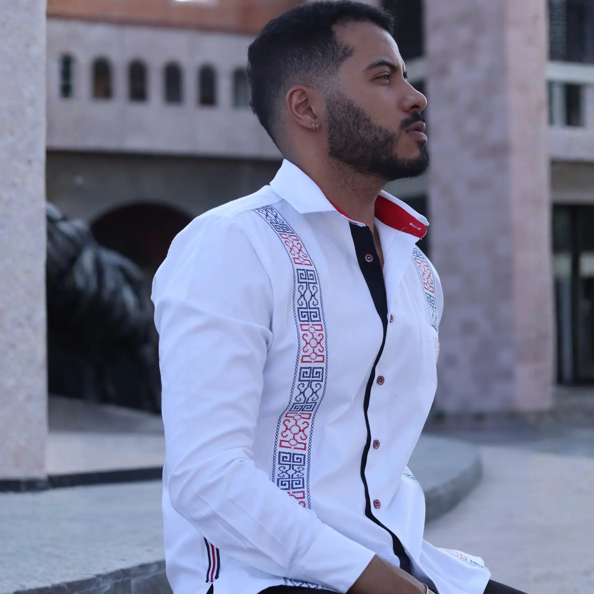 TMY White Long Sleeve Embroidered Guayabera Shirt