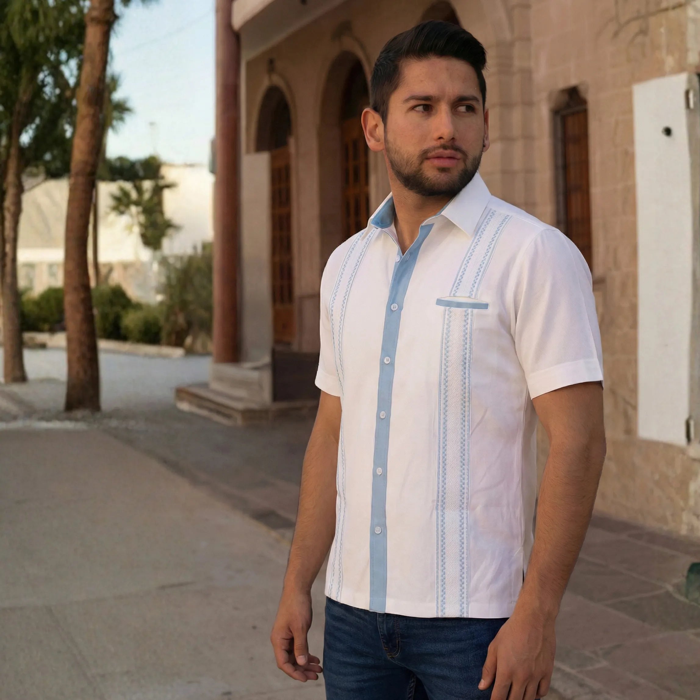 Camisa Guayabera Brisa del Caribe Blanco & Azul Cielo