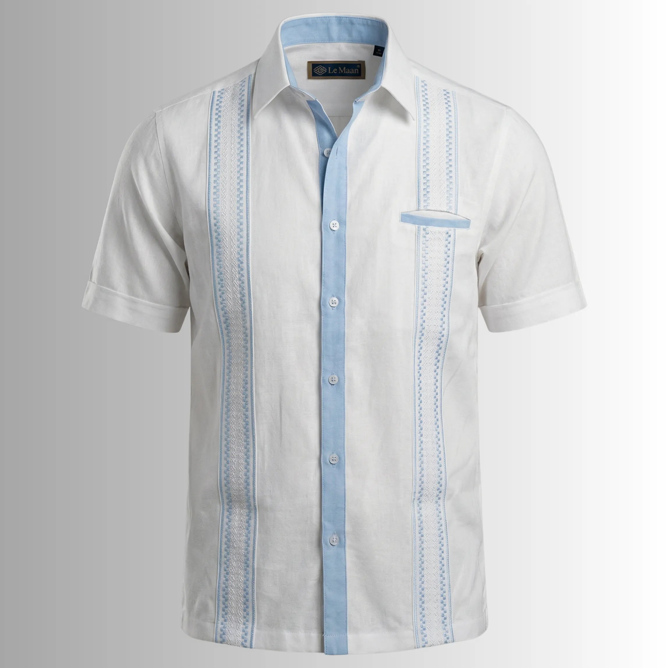 Camisa Guayabera Brisa del Caribe Blanco & Azul Cielo