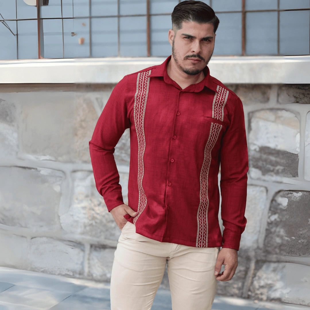 Long Sleeve Guayabera Shirt - Burgundy