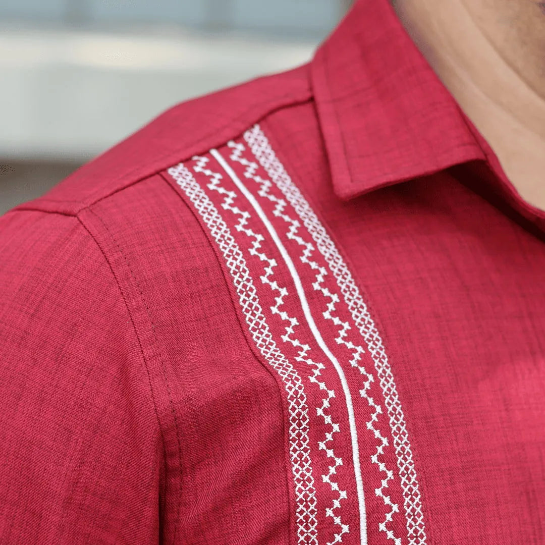 Long Sleeve Guayabera Shirt - Burgundy