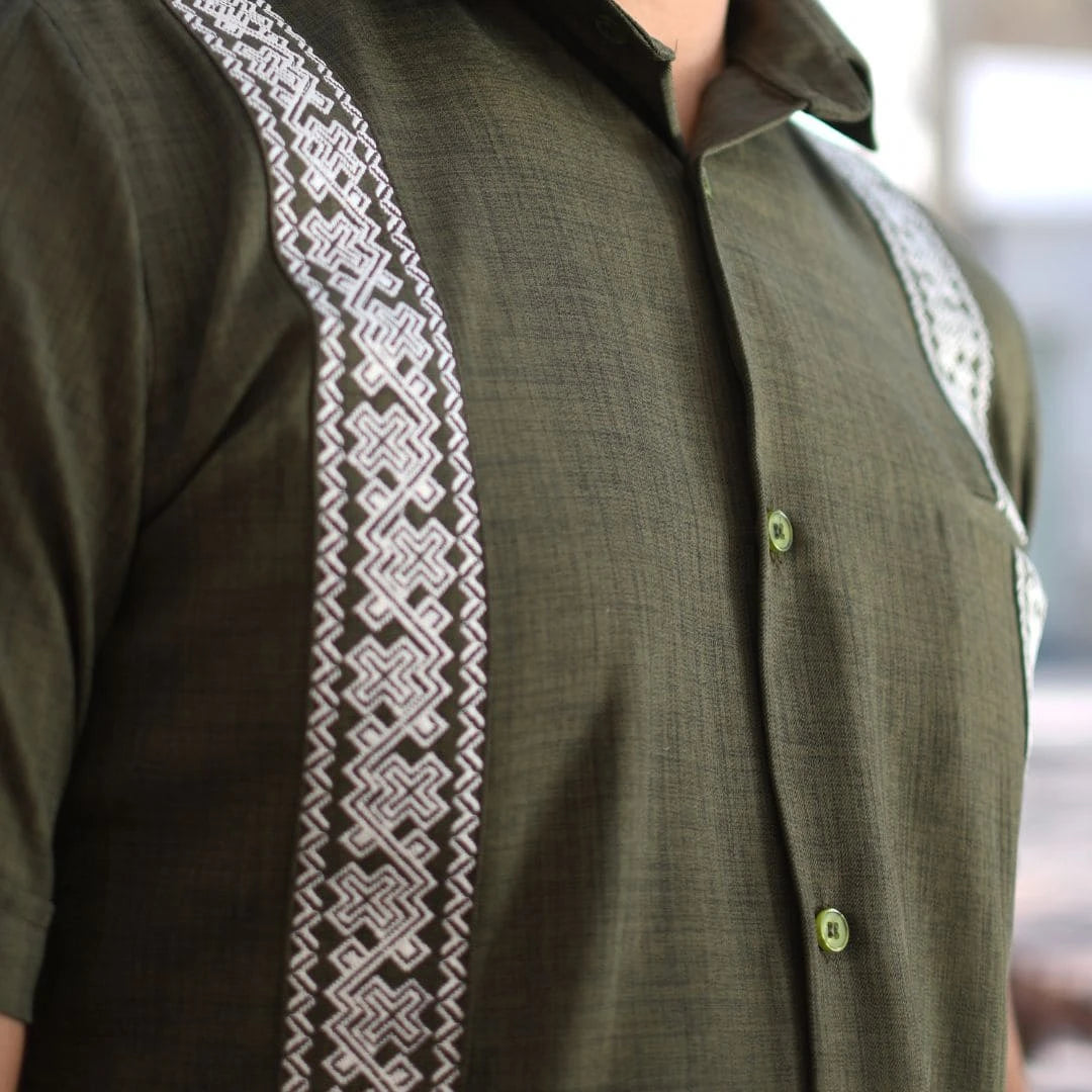 Olive Green Embroidered Guayabera Shirt, Long Sleeve
