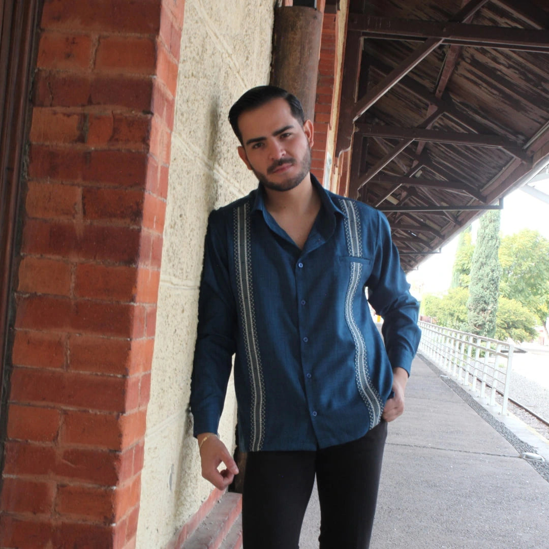 Long Sleeve Petrol Blue Embroidered Guayabera Shirt