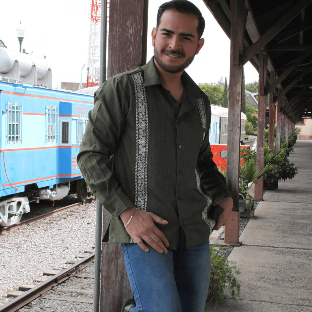 Olive Green Embroidered Guayabera Shirt, Long Sleeve