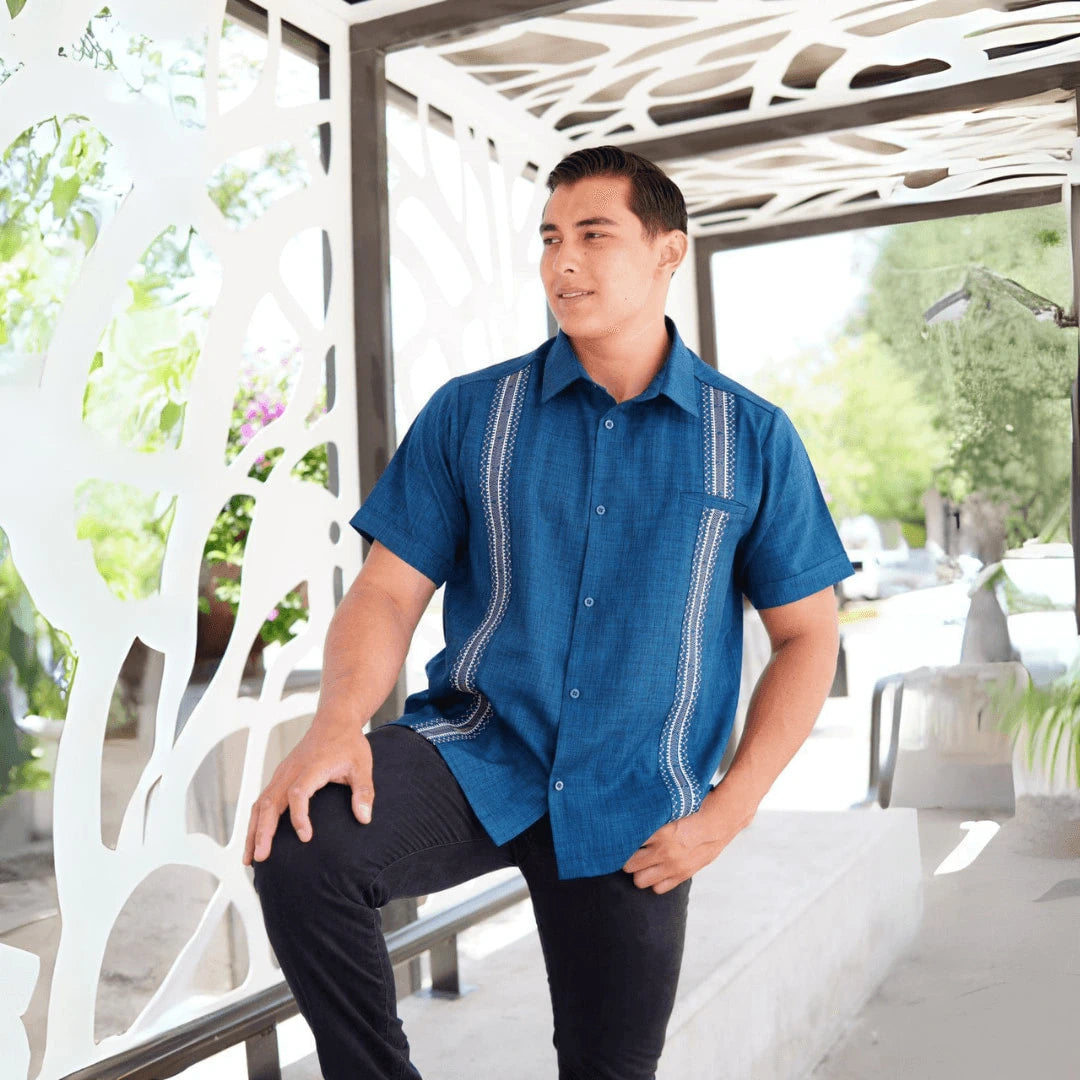 Petrol Blue Short Sleeve Guayabera Shirt