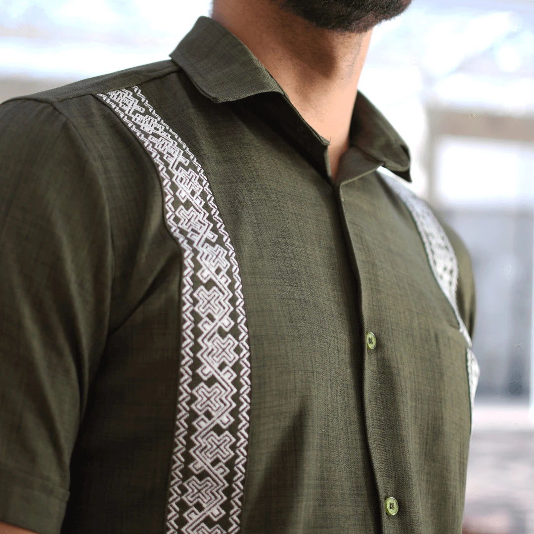 Olive Green Short Sleeve Guayabera Shirt