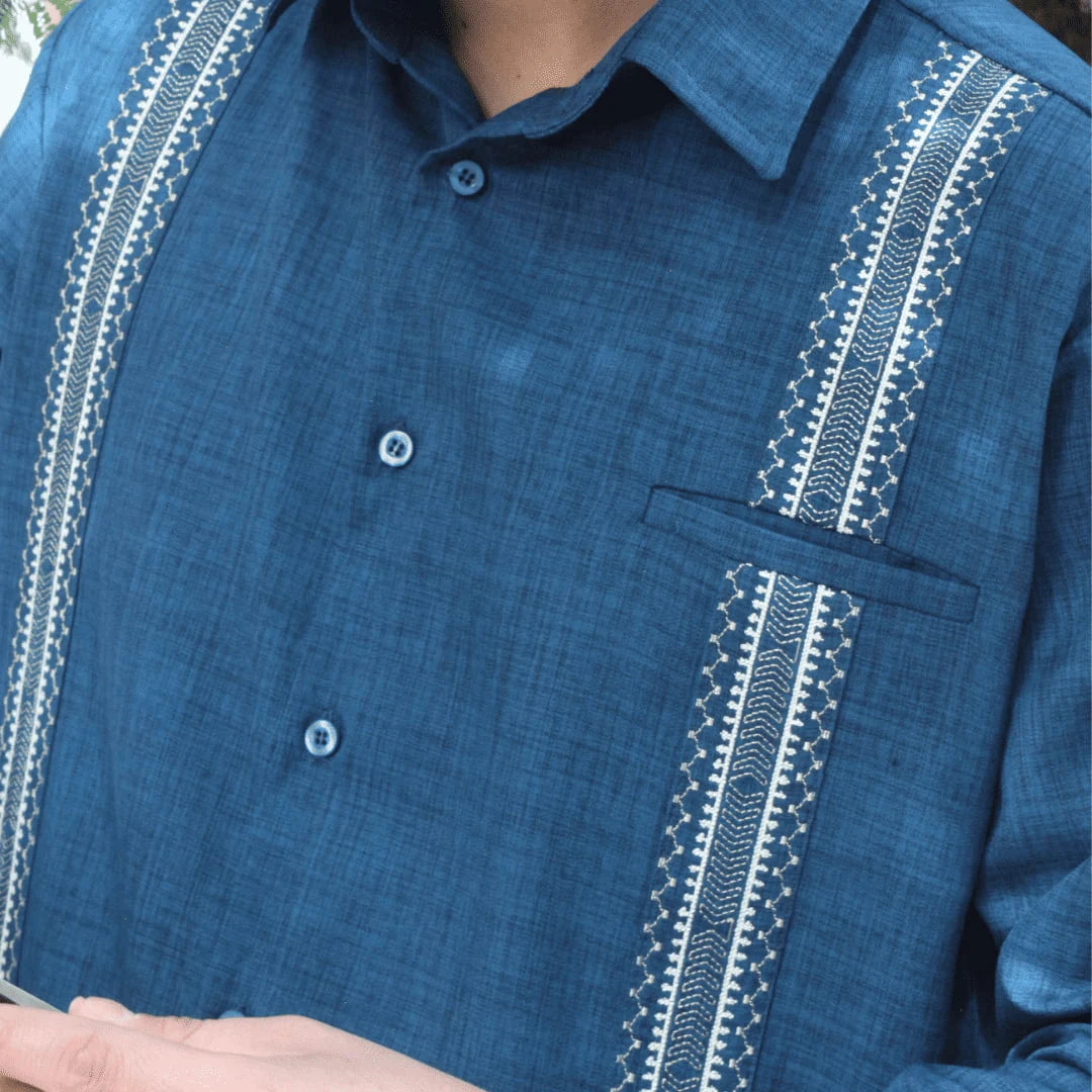 Long Sleeve Petrol Blue Embroidered Guayabera Shirt