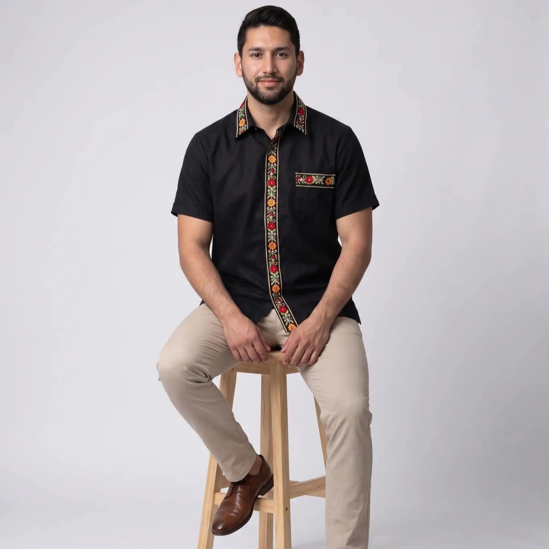 Camisa Guayabera Flores Mexicana Negro